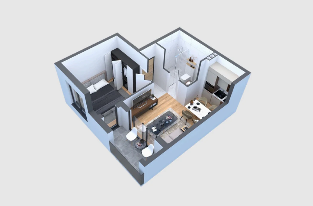 3D prikaz opremljenog dvosobnog apartmana Panorama Zlatibor